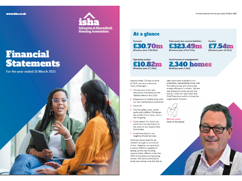 The cover at 'At a glance' pages from ISHA's 2024-25 financial statements.