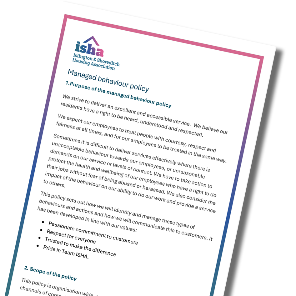 The first page of ISHA's managed behaviour policy.