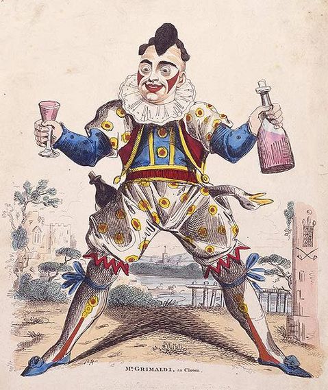 An illustration of Grimaldi in his outfit and makeup.