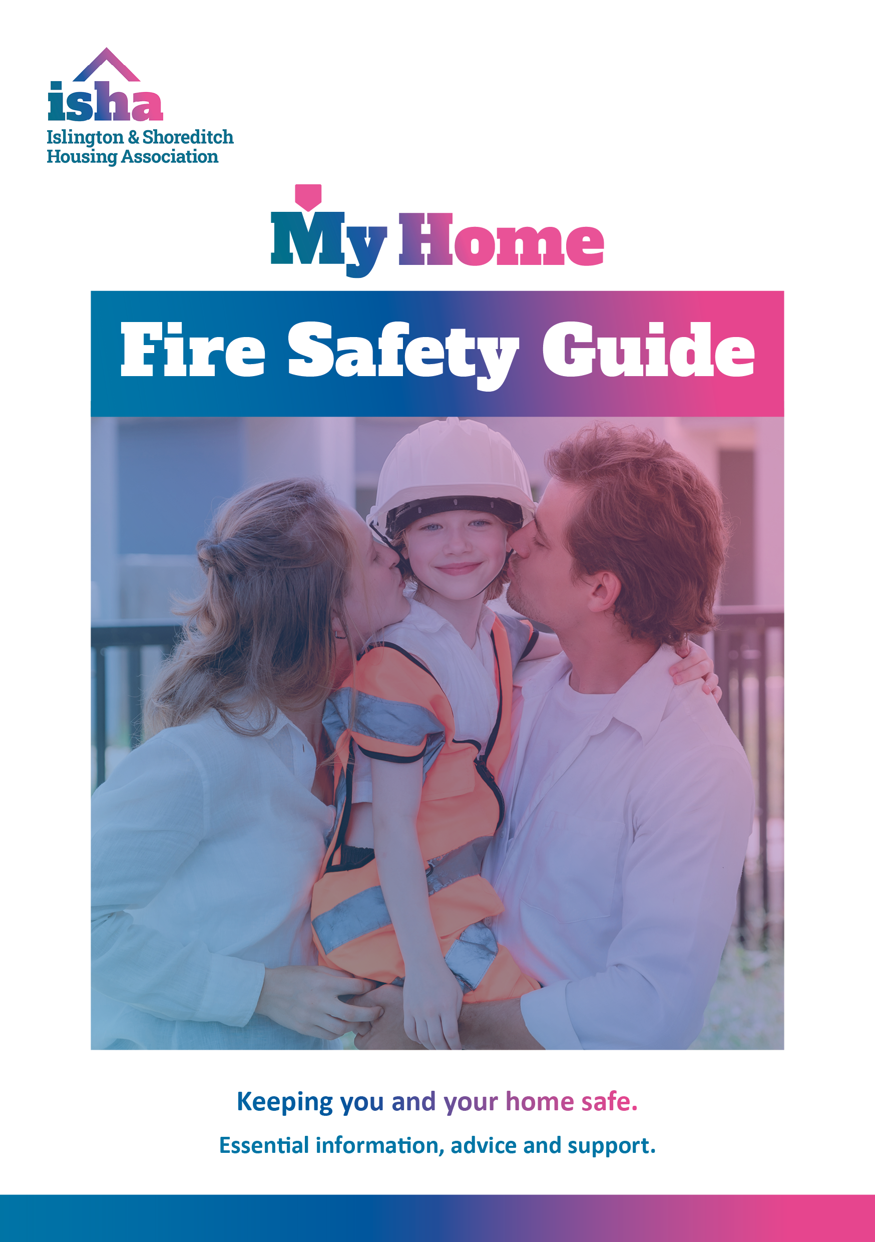 The cover image of our fire safety booklet showing a man and a woman holding a young girl who is wearing a hard hat.