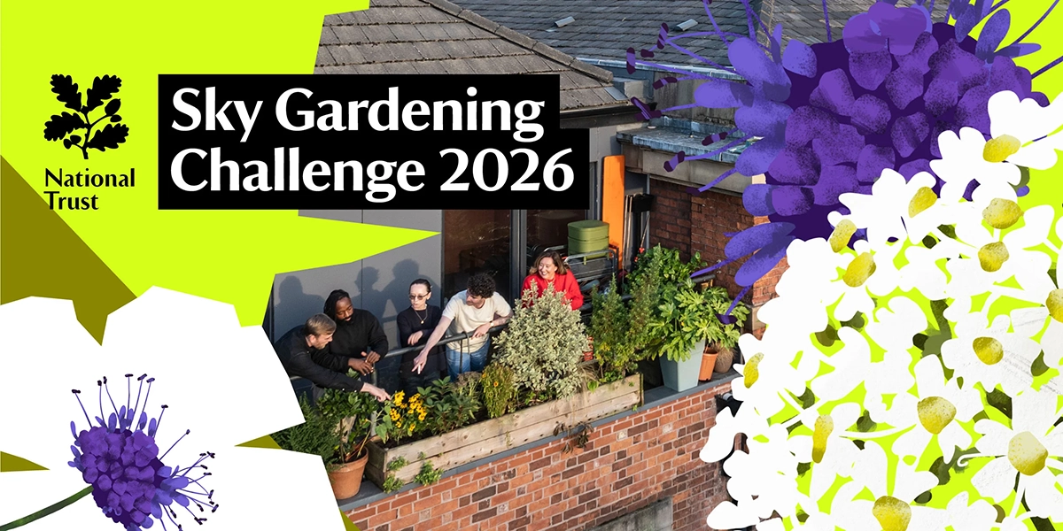 A banner graphic advertising the National Trust's Sky Gardening Challenge 2026.