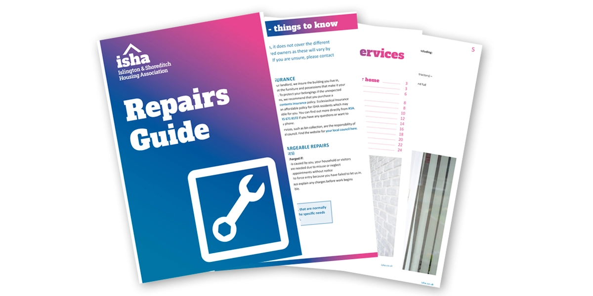 The front cover of the repairs handbook and three pages from the inside fanned out.