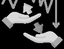 A greyscale icon symbolising selling through the use of two hands with arrows above them a line graph showing upward and downward movements.